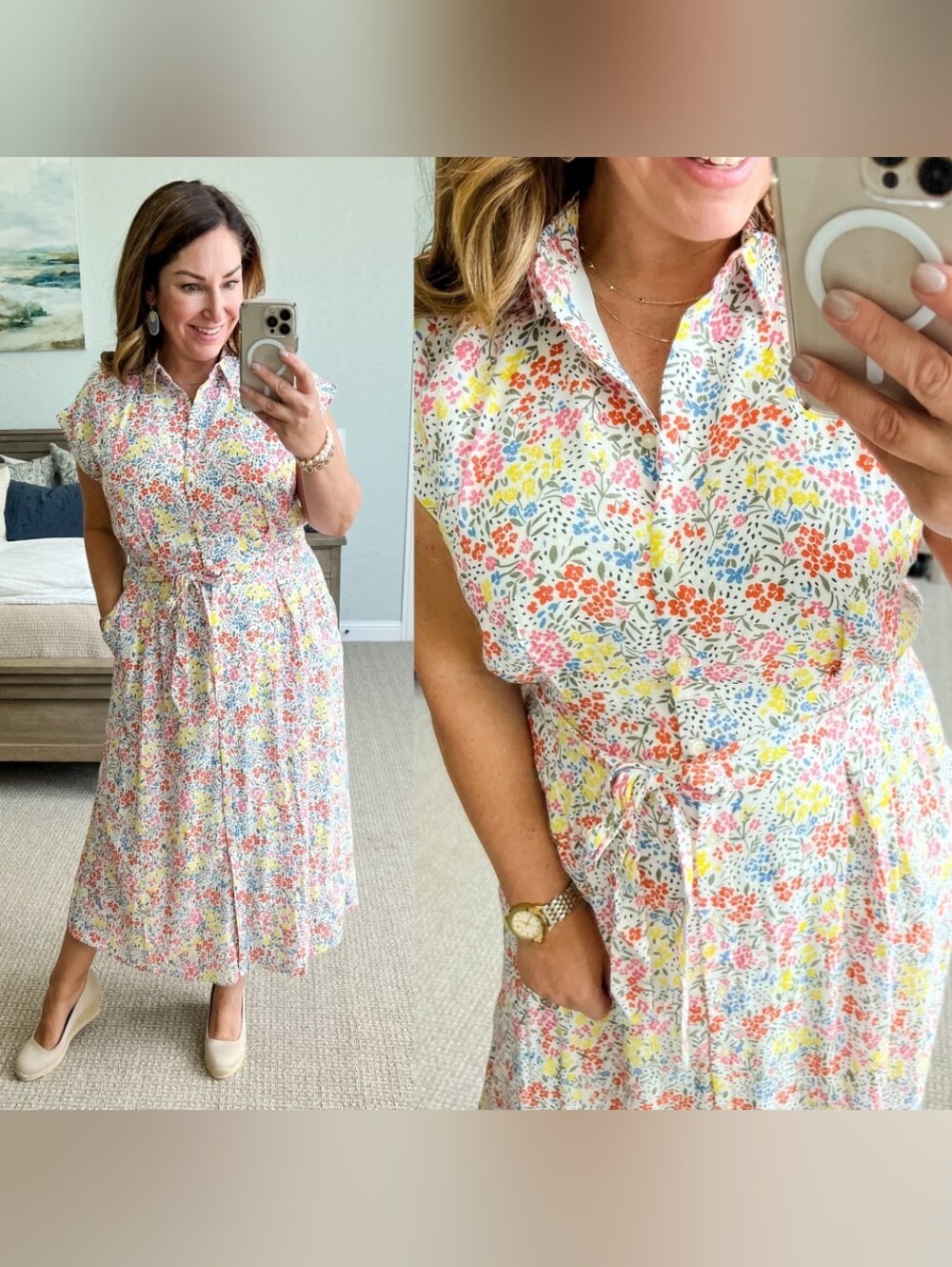LOFT Floral Midi Shirt Dress in White with Multicolor Print